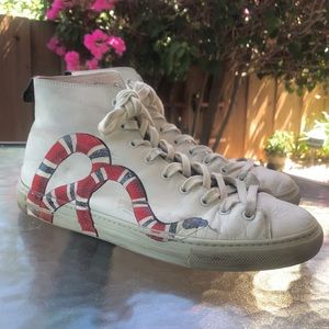 Authentic GUCCI White Calfskin Leather High Top Sneakers Classic Snake D